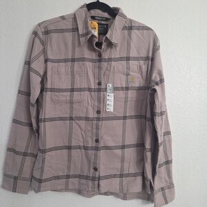 CARHARTT Woman XS Rugged Flex Loose Fit Mink Plaid Mid-Weight Flannel Shirt